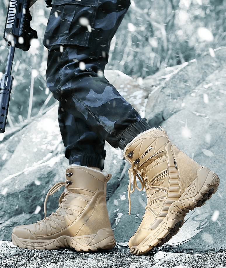 Waterproof leather military snow boots with plush lining for warmth, anti-slip soles for traction, and rugged outdoor design.